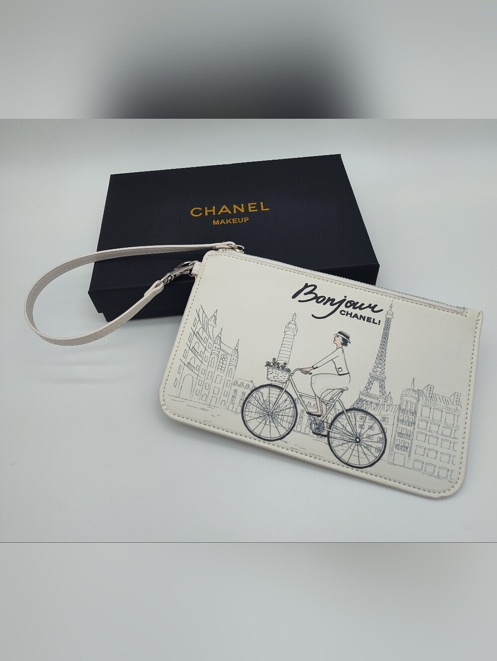 CHANEL Makeup Bonjour Paris Wristlet Pouch Cosmetic Bag Eiffel Tower NIB Boxed